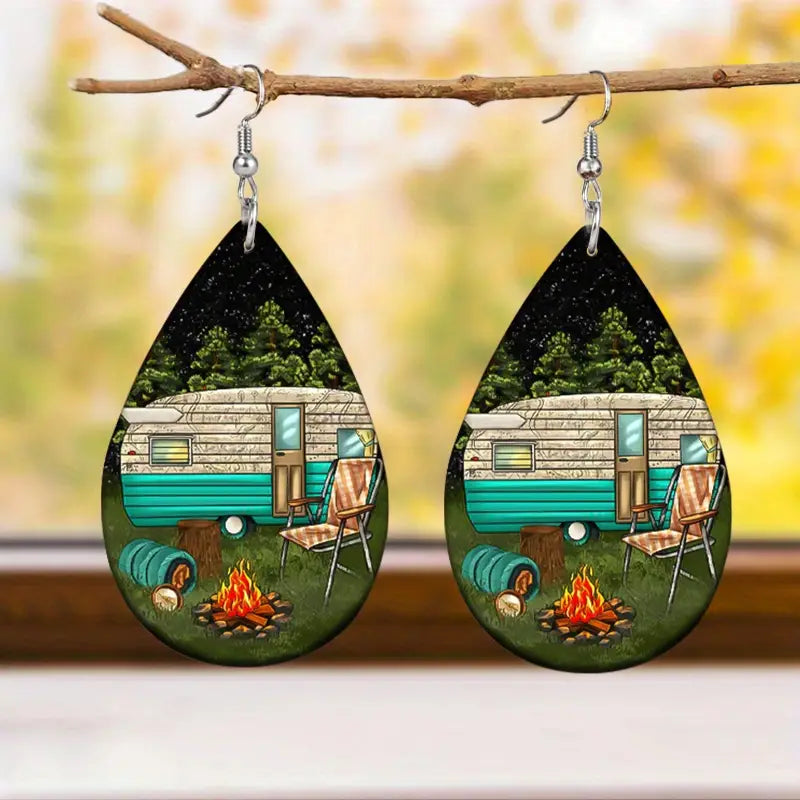 Retro Camper + Campfire Teardrop Faux Leather Earrings