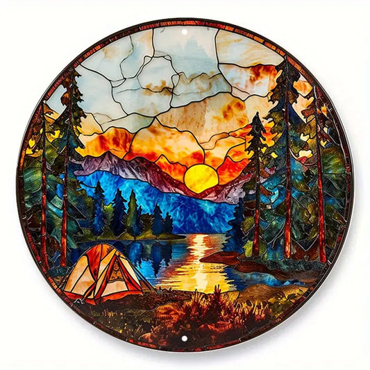 Camping in the Mountains Faux Stained Glass Round Metal Sign