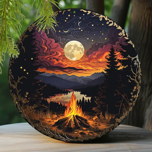 Campfire Moon Round Metal Sign