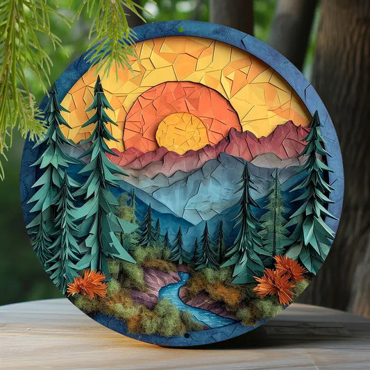 Sunset Mountain Scene Round Metal Sign