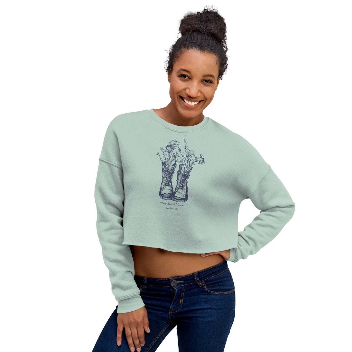 Hiking Boot Flowers Honey Bear By the Sea Gold Beach, OR Ladies Crop Sweatshirt