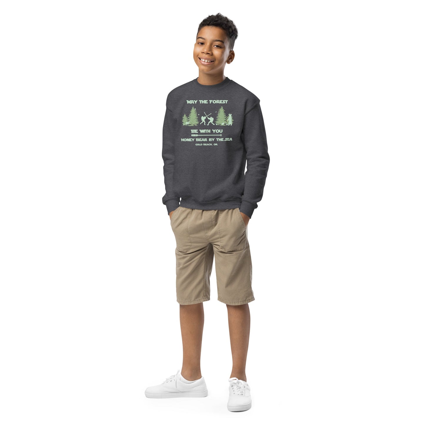 May the Forest Be With You Honey Bear By the Sea Gold Beach, OR Youth Crewneck Sweatshirt