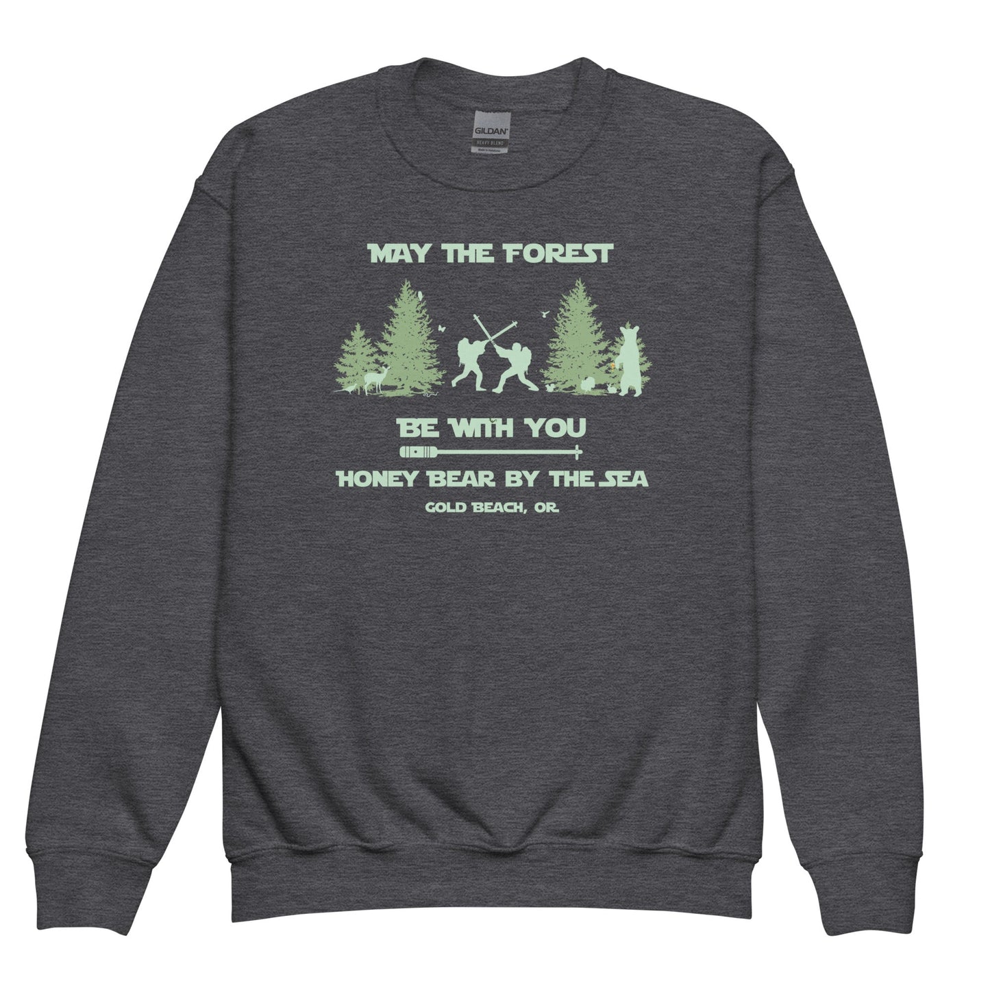 May the Forest Be With You Honey Bear By the Sea Gold Beach, OR Youth Crewneck Sweatshirt